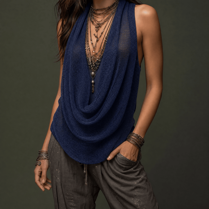 Lunessa – Draped Cowl-Neck Knit Halter Top Navy /