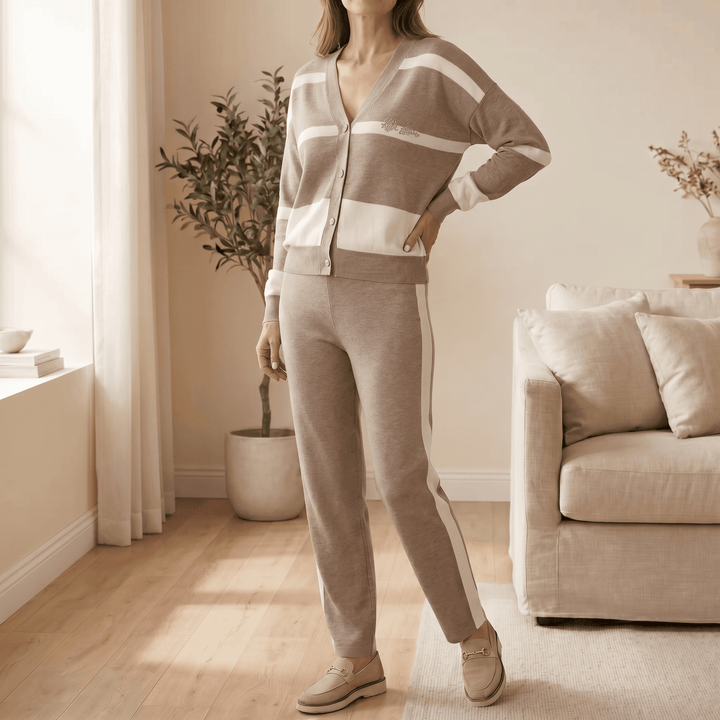 Lunessa – Striped Knit Cardigan and Pants Set Brown /