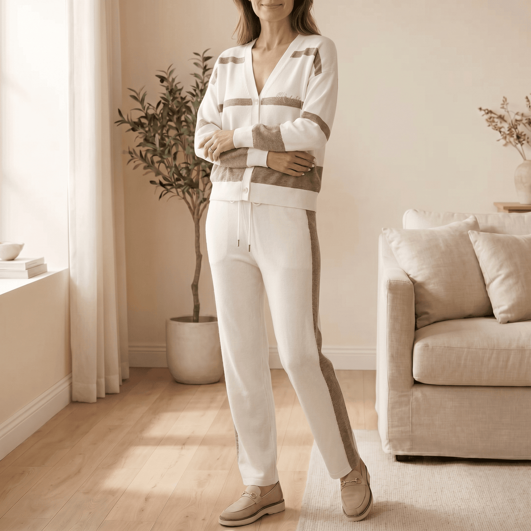 Lunessa – Striped Knit Cardigan and Pants Set White /