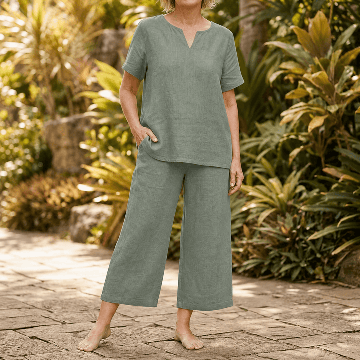 Lunessa – Women's Breezy V-Neck Top and Pants Set Sage Green / S