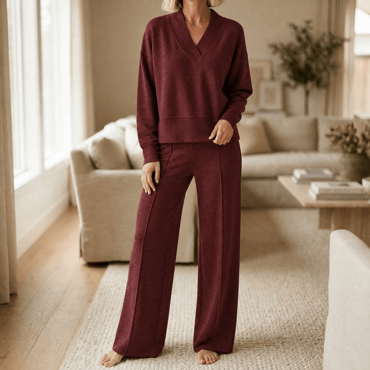 Lunessa – Women's Soft Knit Sweater and Wide Leg Pants Set Burgundy / S