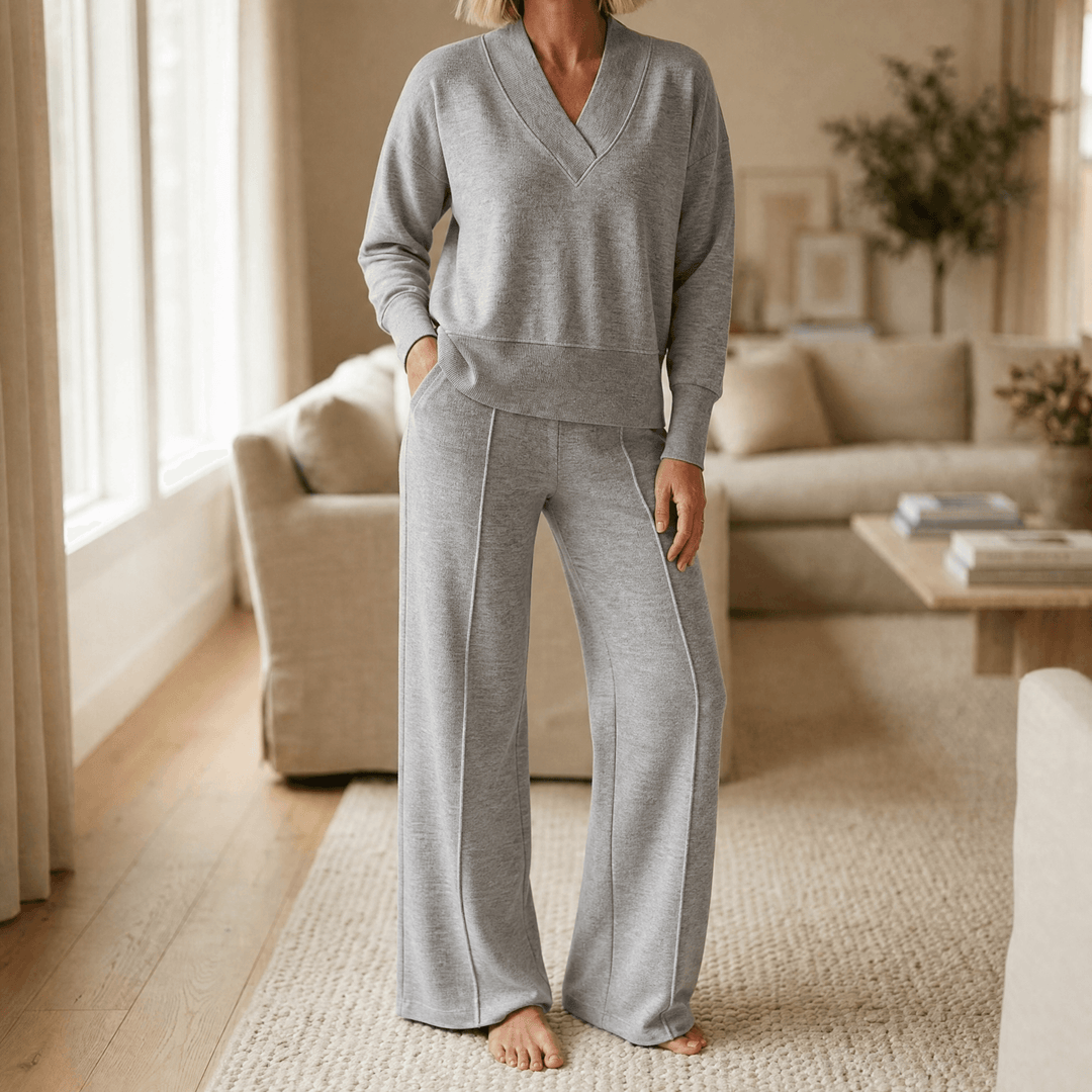 Lunessa – Women's Soft Knit Sweater and Wide Leg Pants Set Gray / S