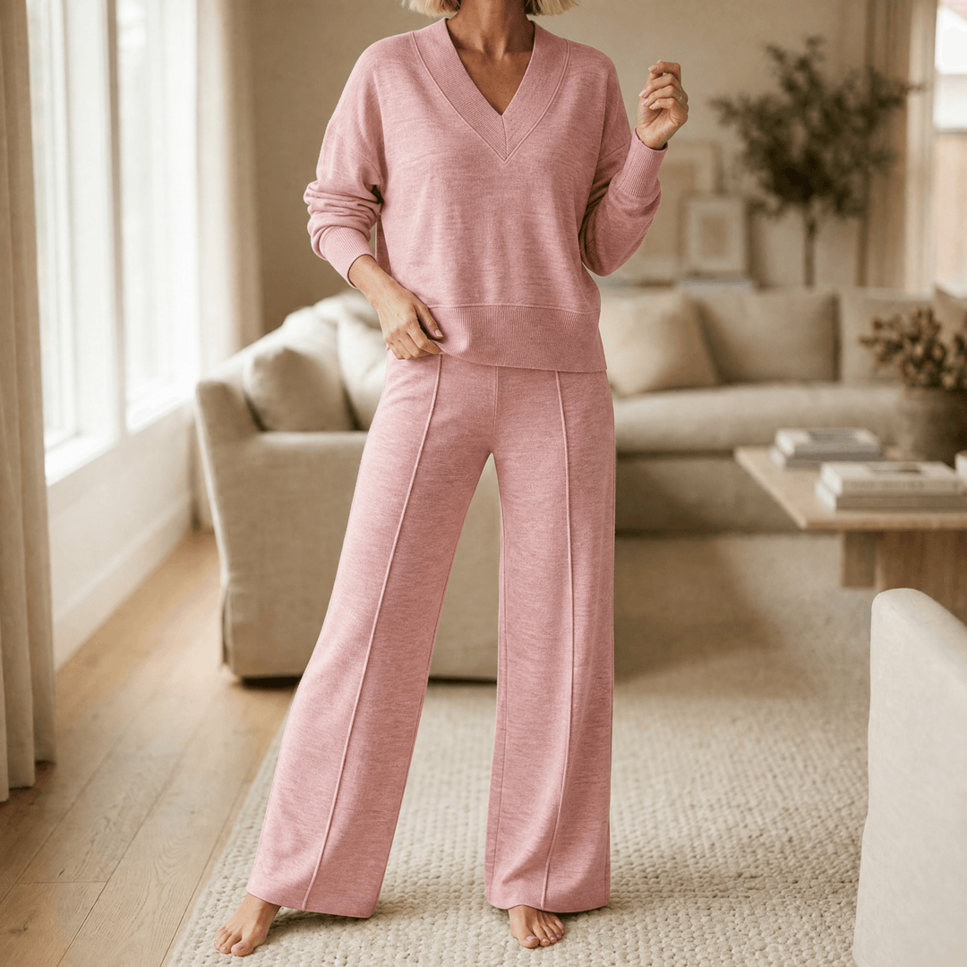 Lunessa – Women's Soft Knit Sweater and Wide Leg Pants Set Pink / S