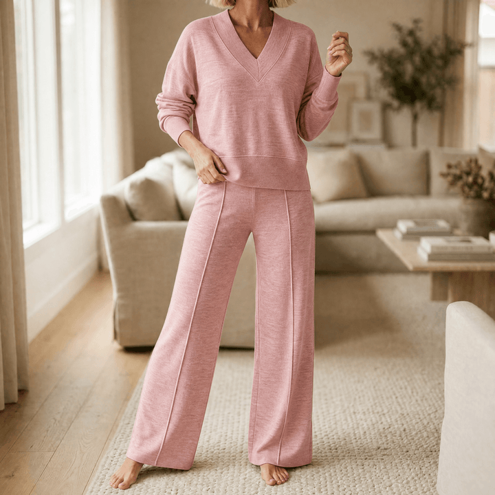 Lunessa – Women's Soft Knit Sweater and Wide Leg Pants Set Pink / S