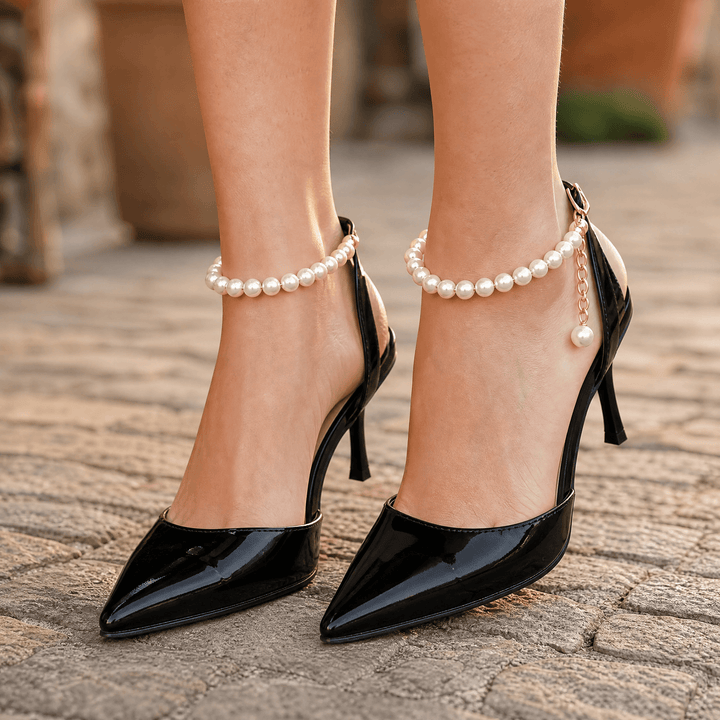 Lusoire – Glossy D'Orsay Stiletto Heels for Women Black with pearl / 5.5