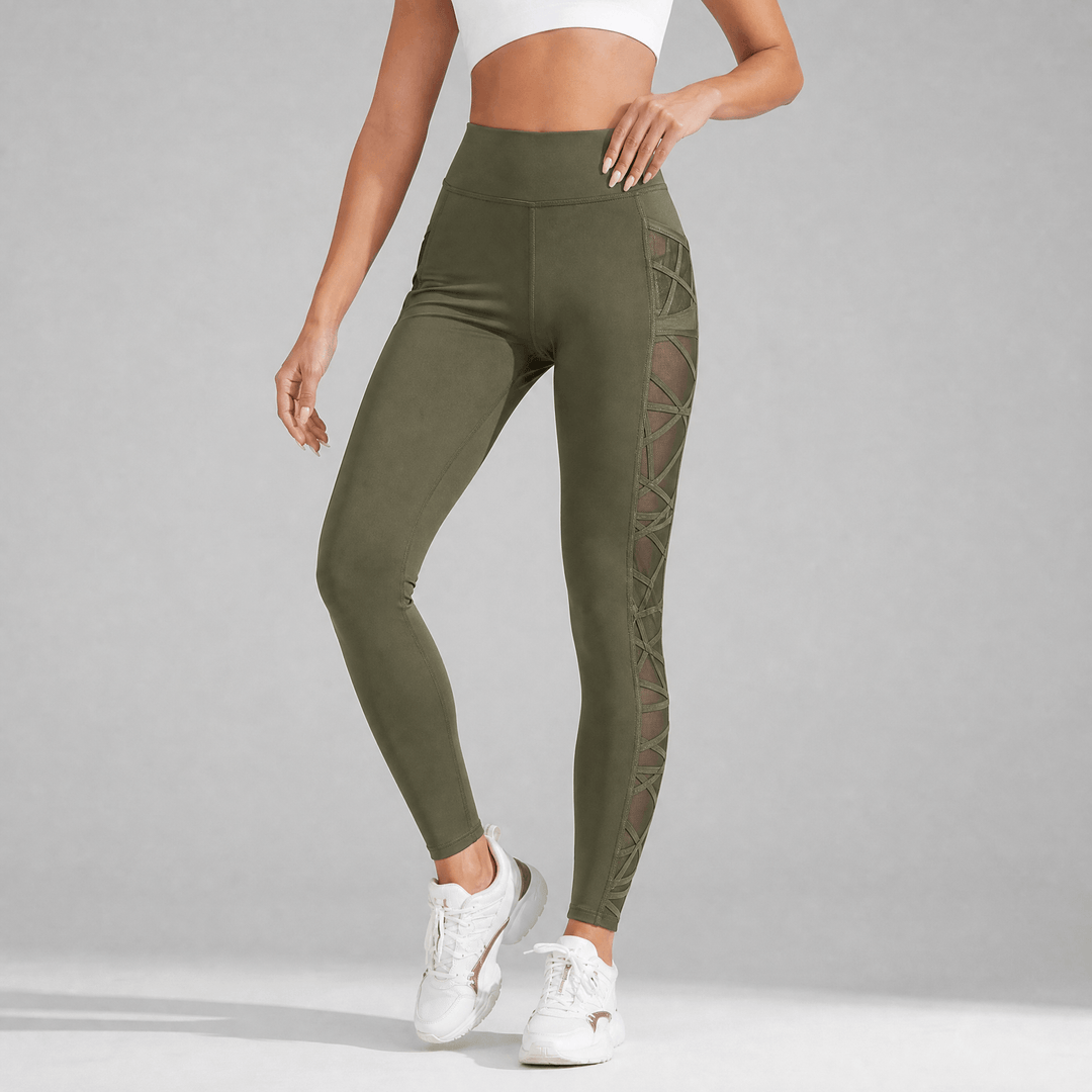 Luxefit – High Waisted Mesh Leggings with Hidden Pocket Army Green