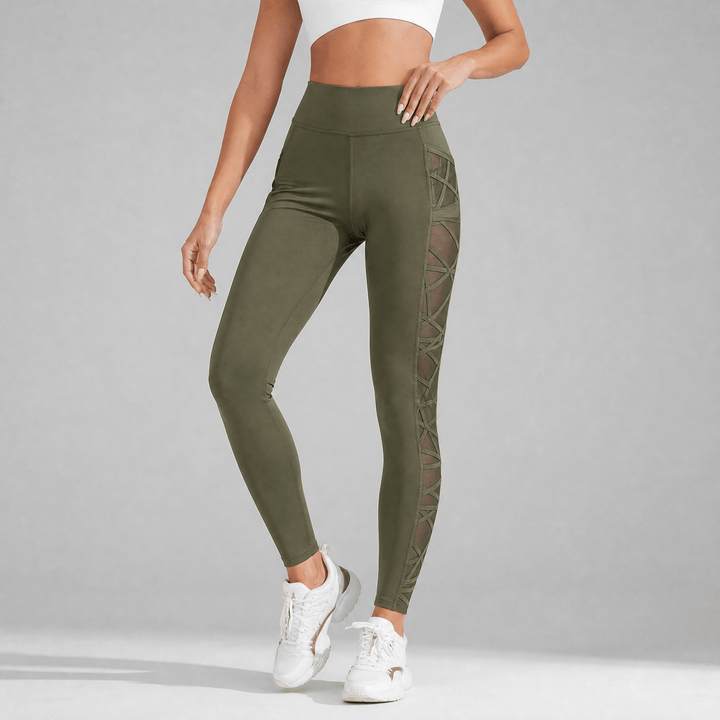 Luxefit – High Waisted Mesh Leggings with Hidden Pocket Army Green