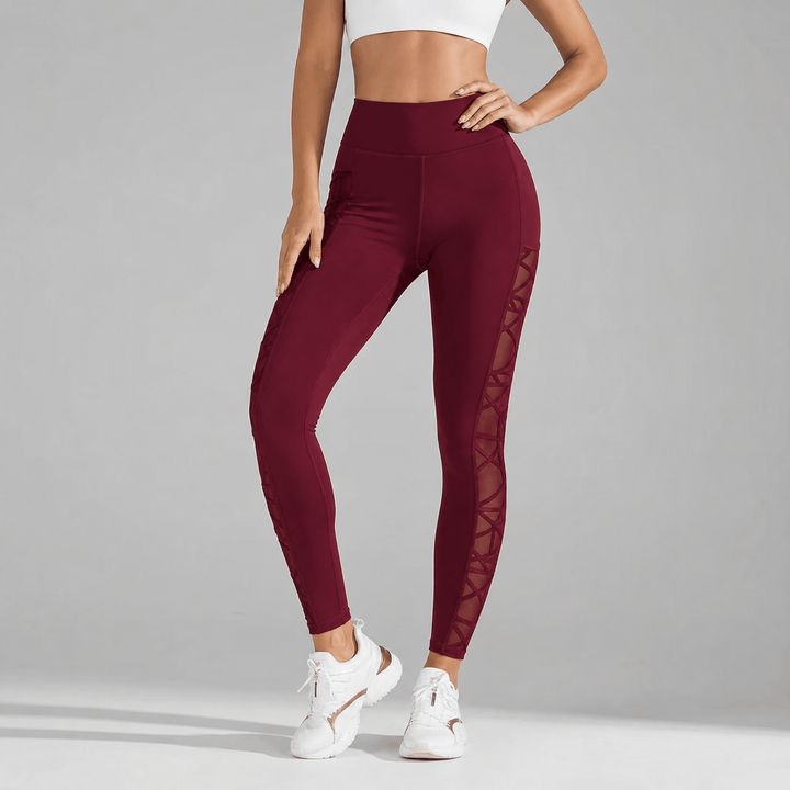 Luxefit – High Waisted Mesh Leggings with Hidden Pocket Burgundy