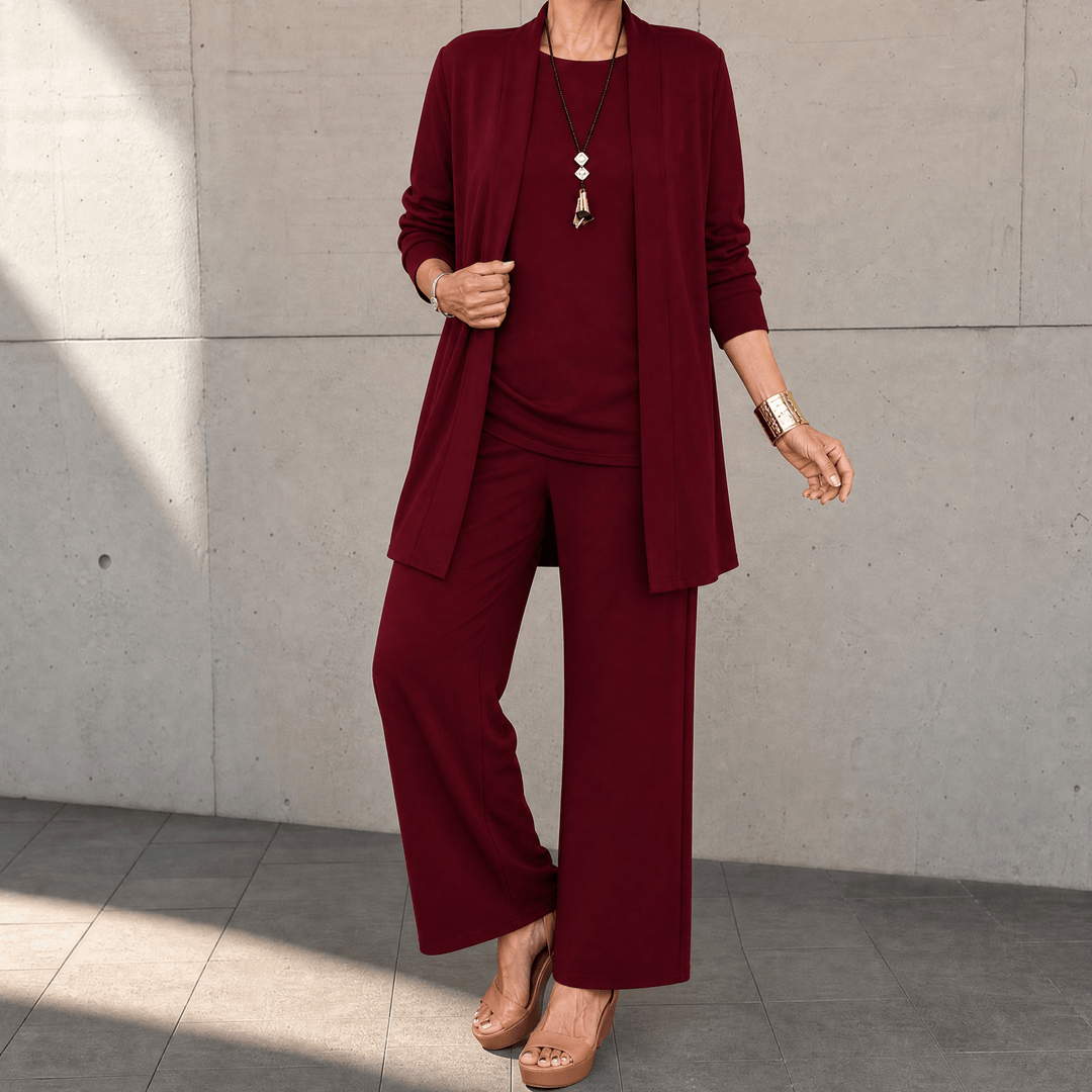 Maevelle – Women's Elegant 3-Piece Set with Drape Cardigan Burgundy Wine / S (4-6)