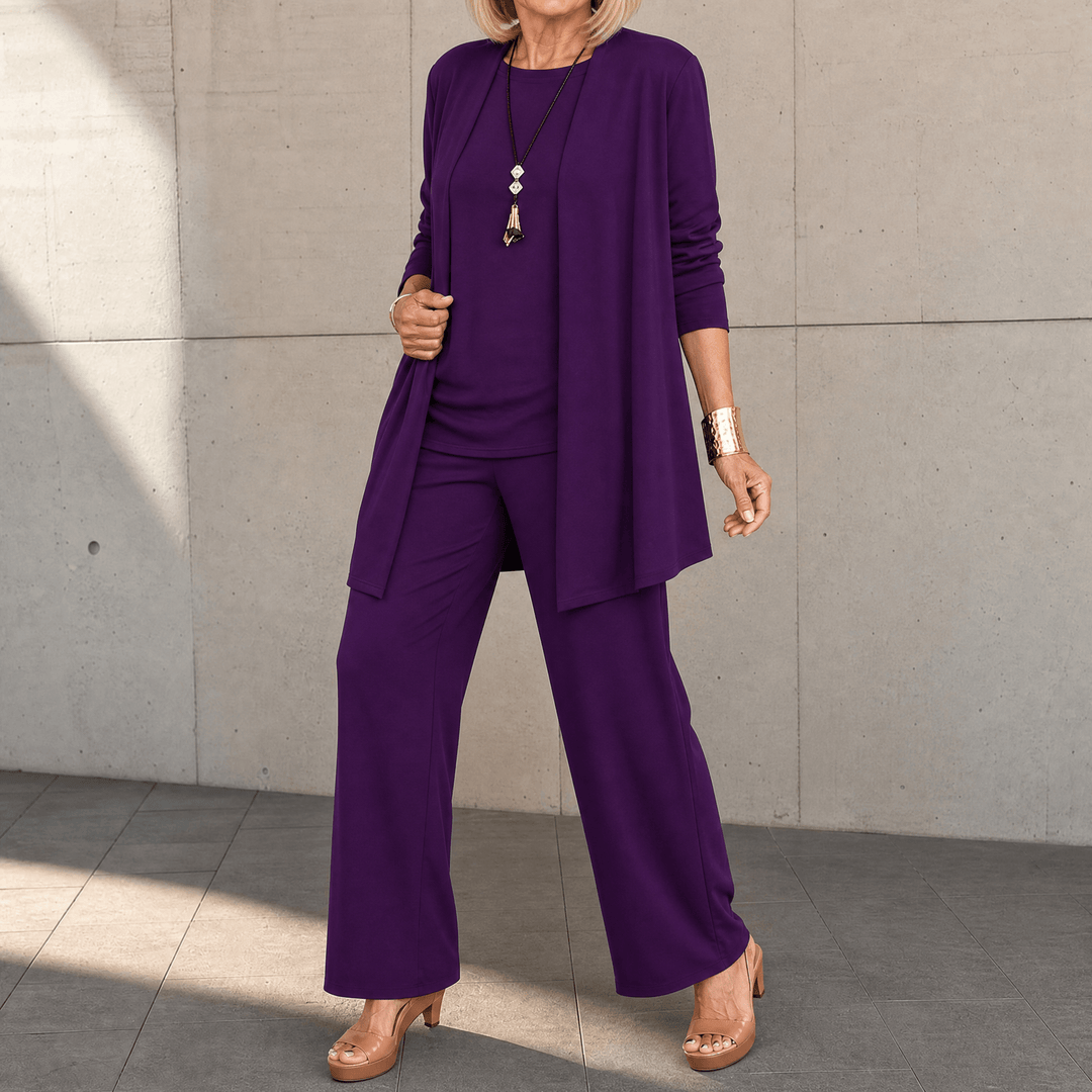 Maevelle – Women's Elegant 3-Piece Set with Drape Cardigan Purple Plum / S (4-6)
