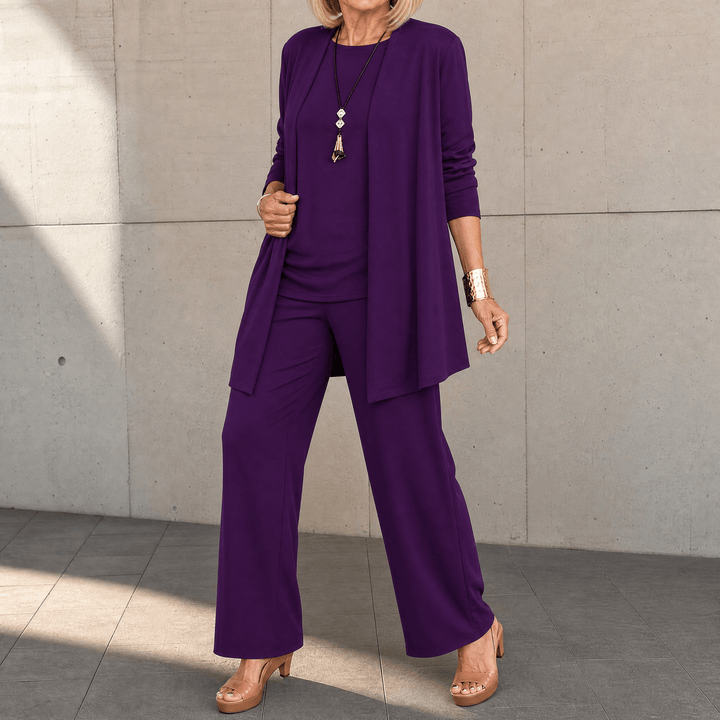 Maevelle – Women's Elegant 3-Piece Set with Drape Cardigan Purple Plum / S (4-6)