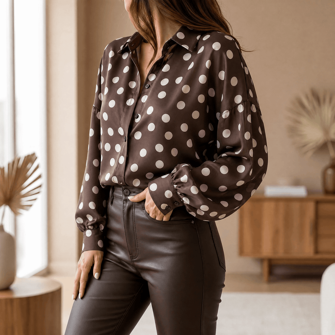 Maisova – Satin Polka Dot Button-Down Blouse Chocolate Brown / S