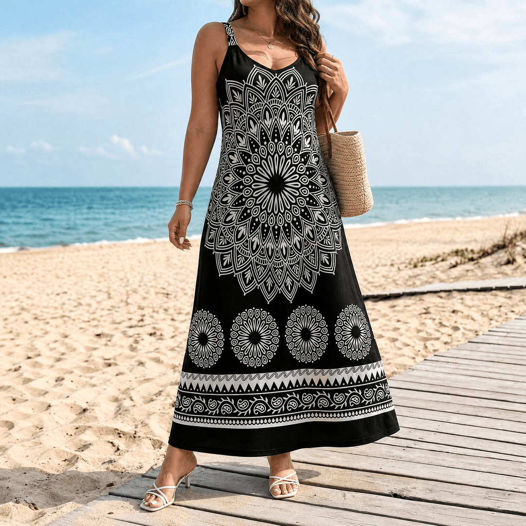 Mandara – Bohemian Mandala Maxi Dress Black Mandala