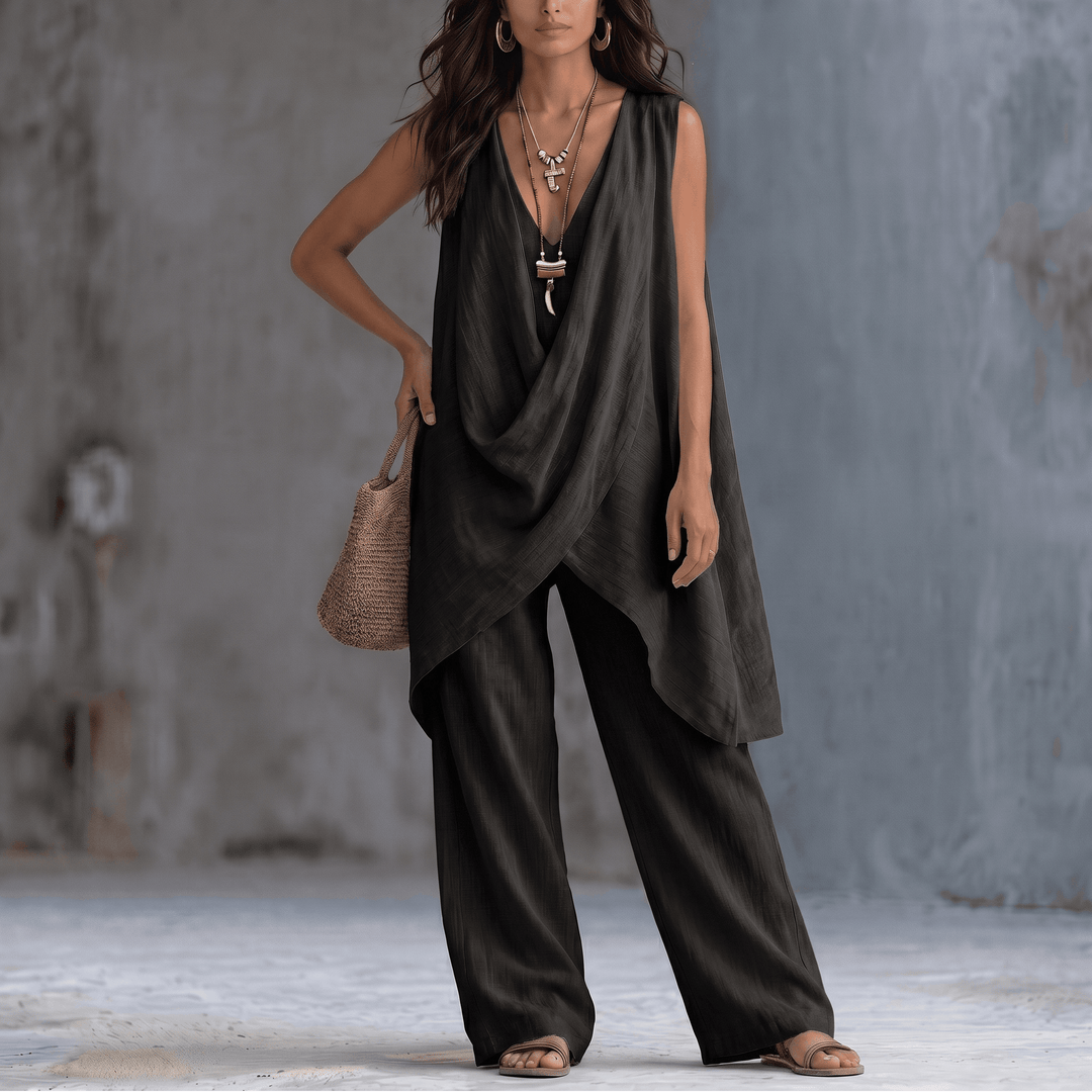 Marenza – Women's Draped Linen Two-Piece Set Black /