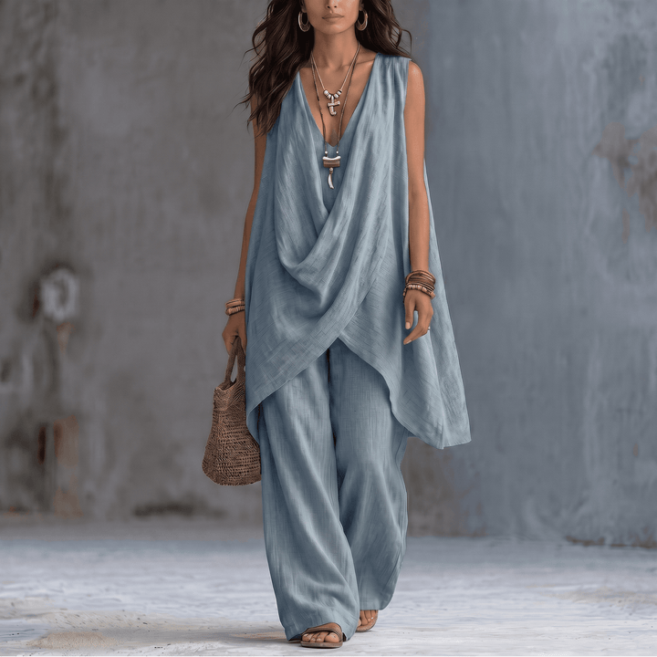 Marenza – Women's Draped Linen Two-Piece Set Slate Blue /