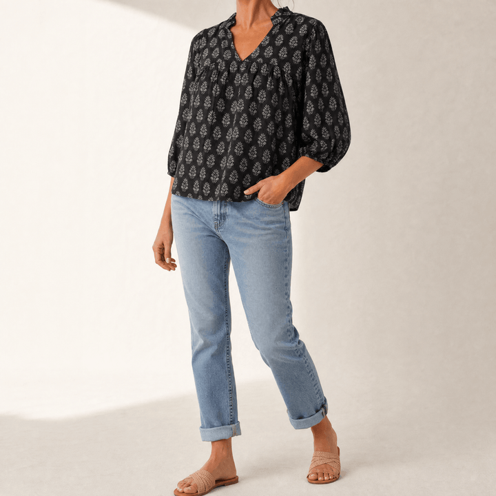 Marivell – Women's Block-Print V-Neck Summer Blouse Black / S