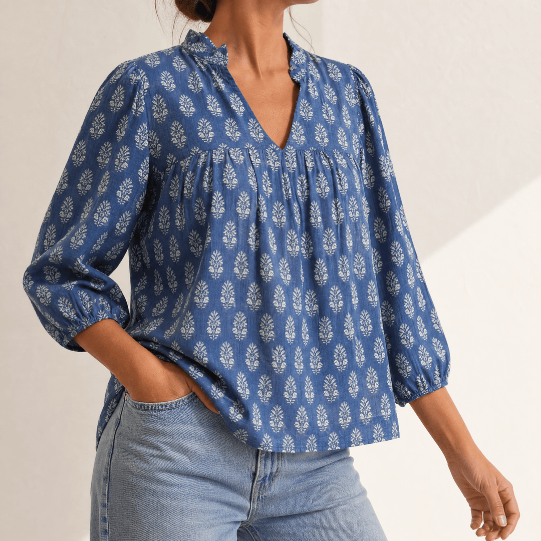 Marivell – Women's Block-Print V-Neck Summer Blouse Blue / S
