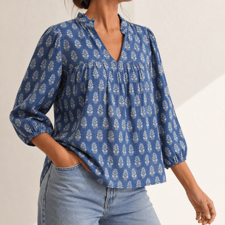 Marivell – Women's Block-Print V-Neck Summer Blouse Blue / S
