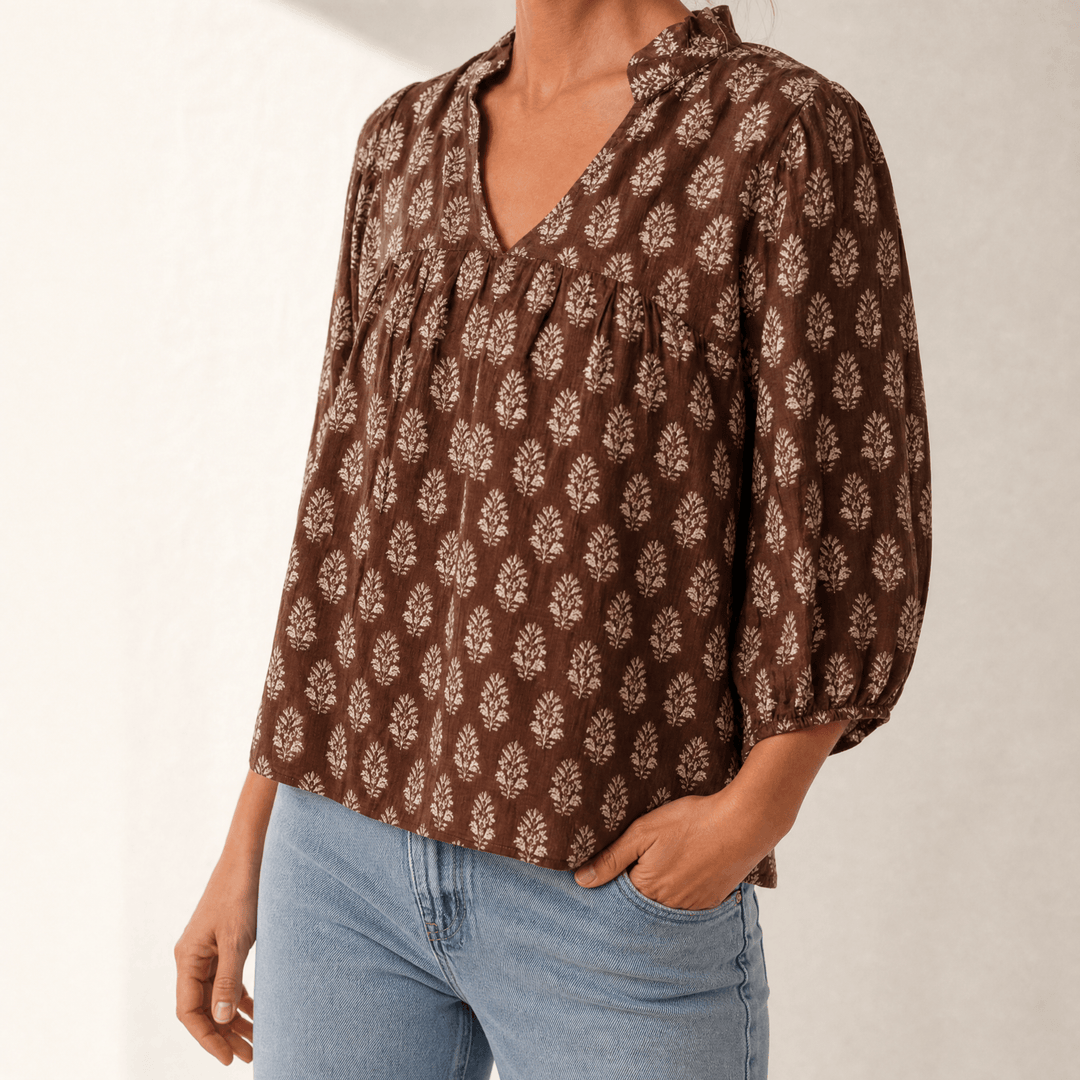 Marivell – Women's Block-Print V-Neck Summer Blouse Brown / S