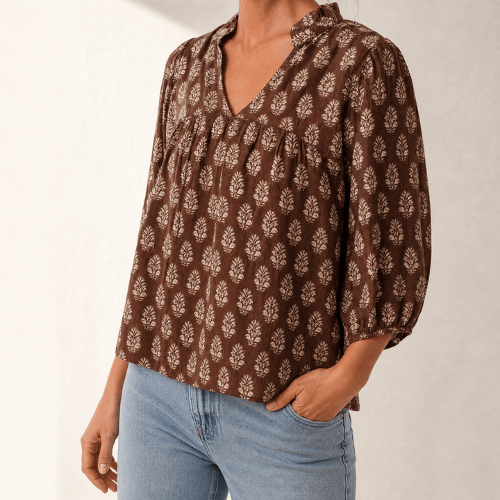 Marivell – Women's Block-Print V-Neck Summer Blouse Brown / S