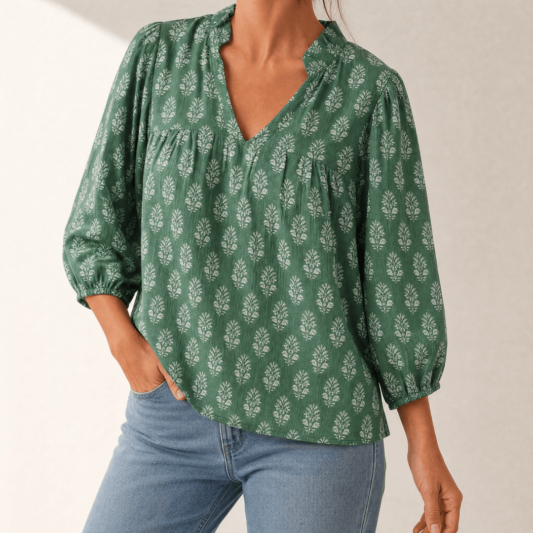Marivell – Women's Block-Print V-Neck Summer Blouse Green / S