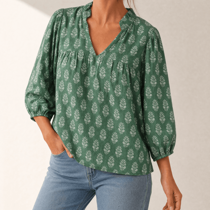 Marivell – Women's Block-Print V-Neck Summer Blouse Green / S