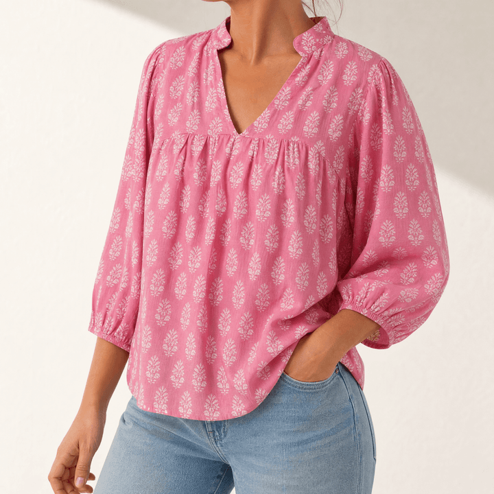 Marivell – Women's Block-Print V-Neck Summer Blouse Pink / S