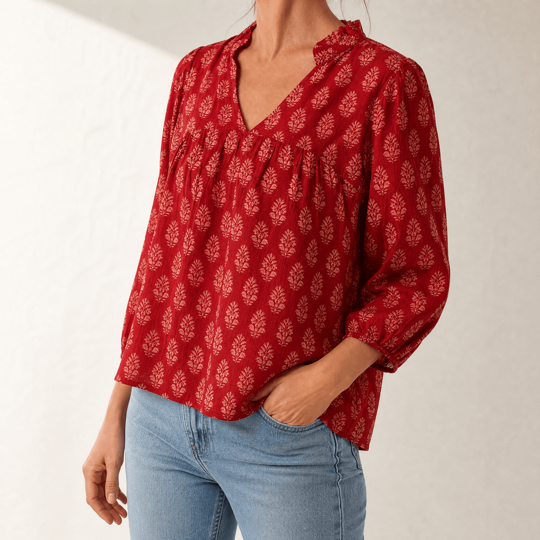 Marivell – Women's Block-Print V-Neck Summer Blouse Red / S