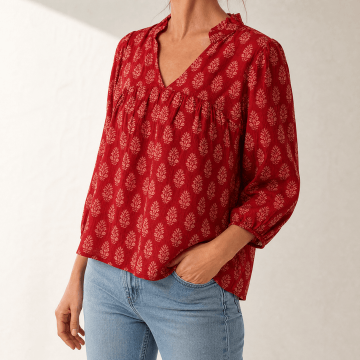 Marivell – Women's Block-Print V-Neck Summer Blouse Red / S