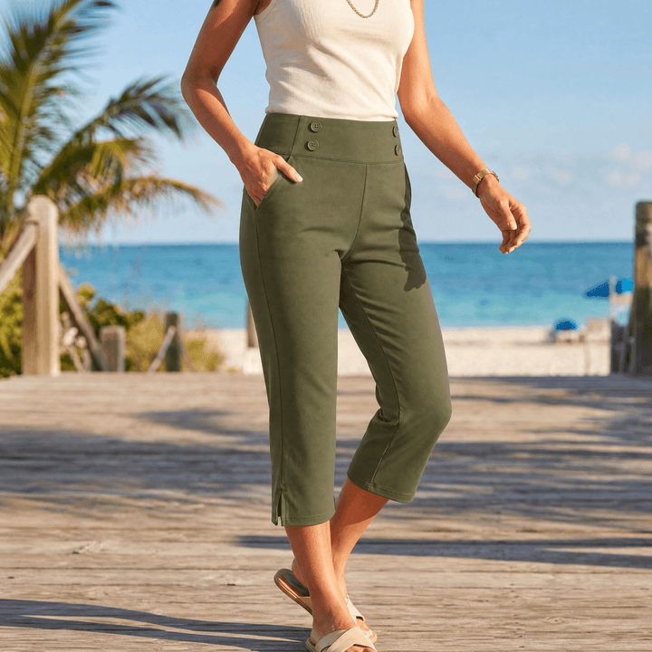 Marivella – Women's High-Waist Stretch Capri Pants Army Green
