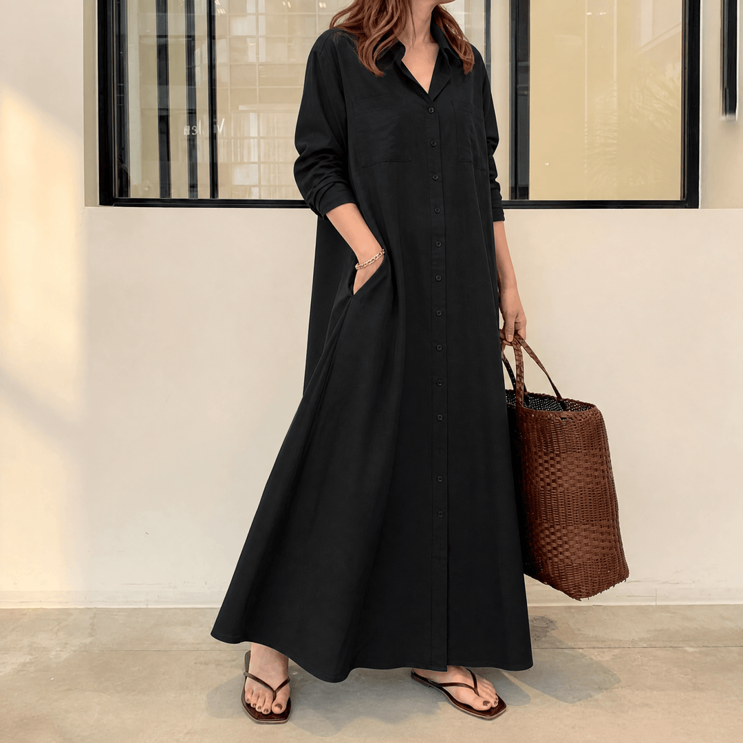 Marivelle – Women's Effortless Maxi Shirt Dress with Pockets Black