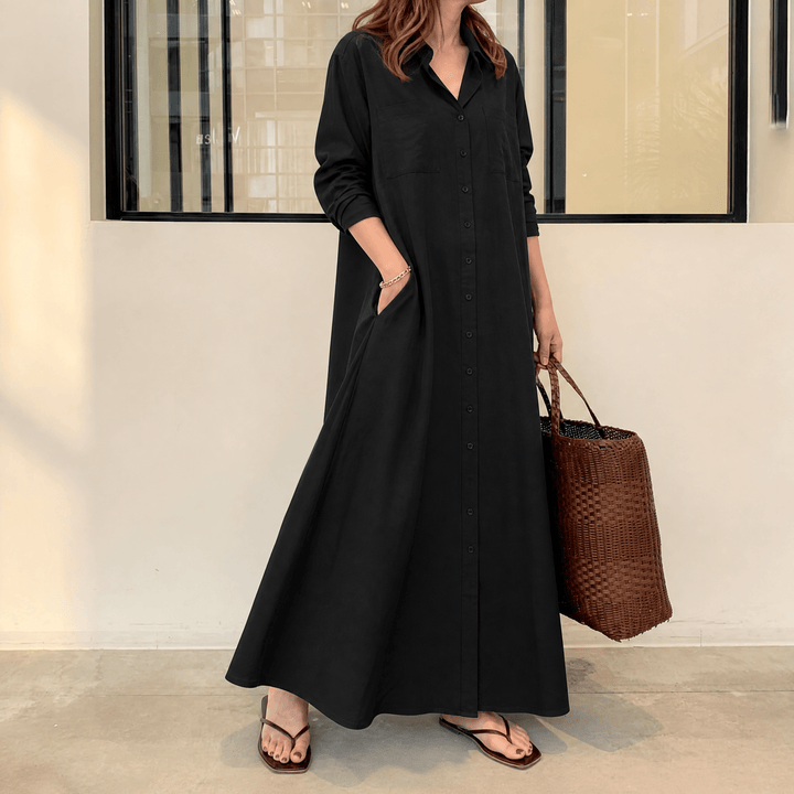 Marivelle – Women's Effortless Maxi Shirt Dress with Pockets Black