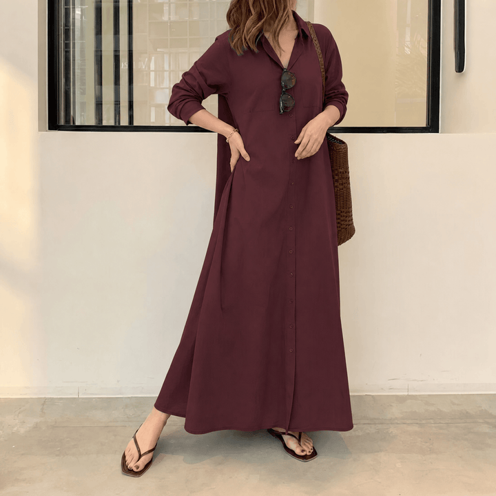 Marivelle – Women's Effortless Maxi Shirt Dress with Pockets Burgundy