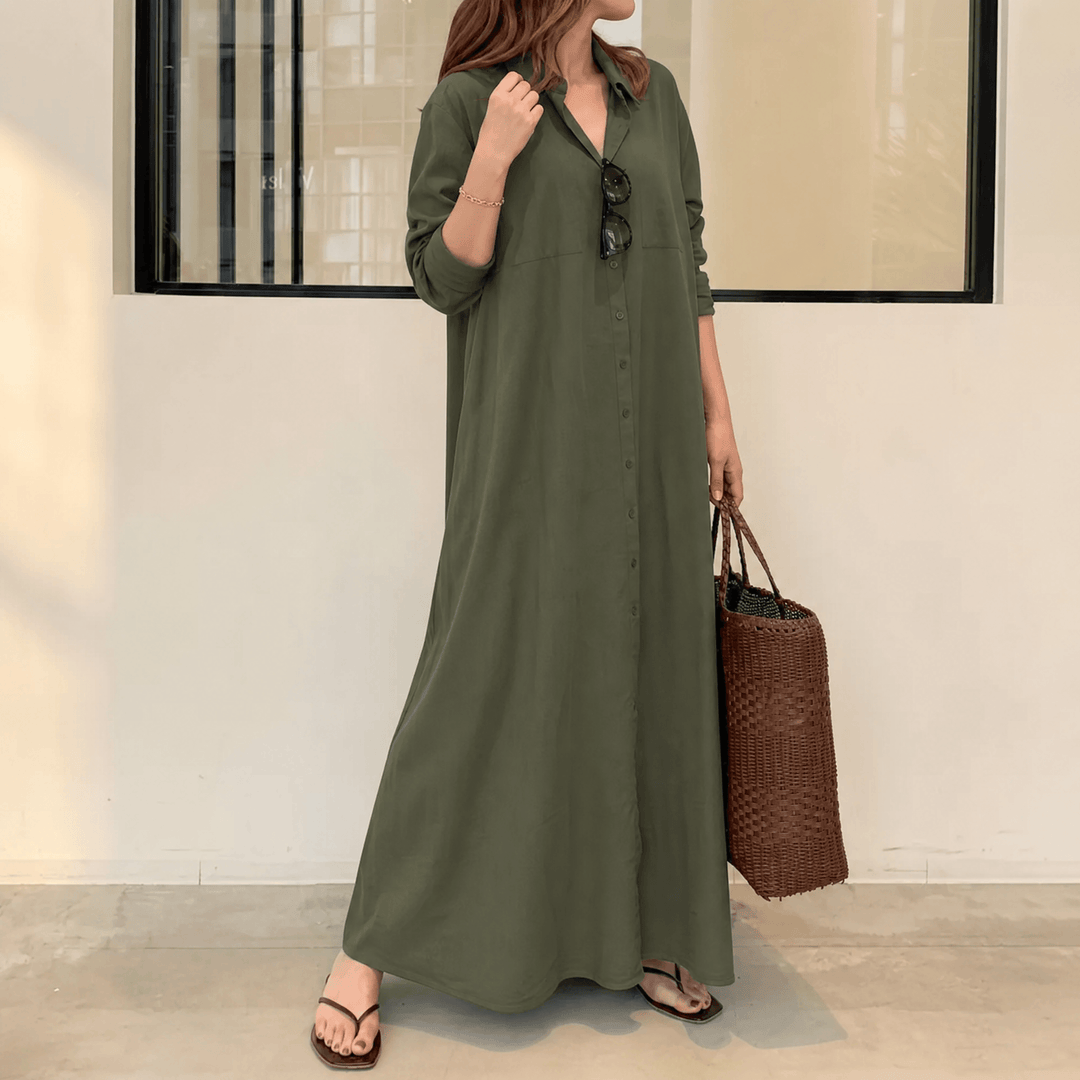 Marivelle – Women's Effortless Maxi Shirt Dress with Pockets Green
