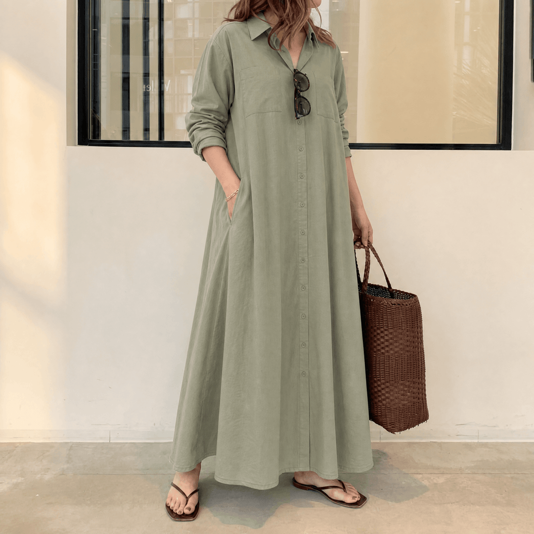 Marivelle – Women's Effortless Maxi Shirt Dress with Pockets Light Olive