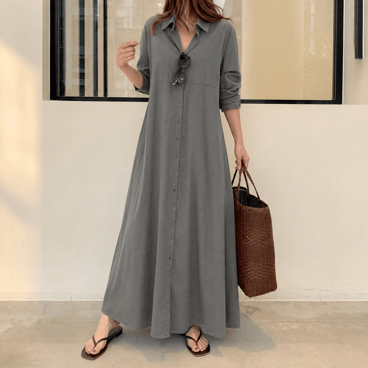Marivelle – Women's Effortless Maxi Shirt Dress with Pockets Sage Gray