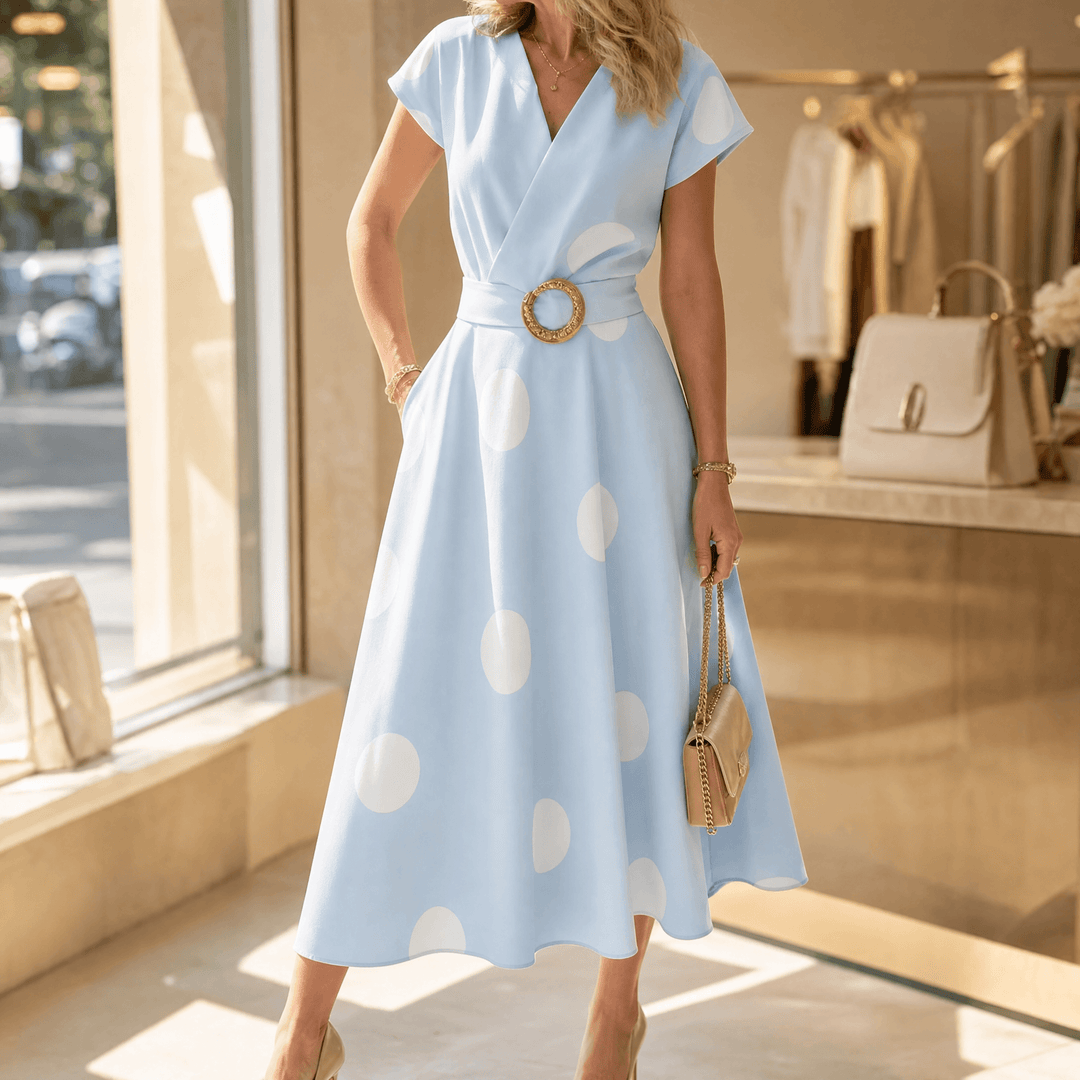 Marlowe – Women's Belted Polka Dot Midi Dress light blue