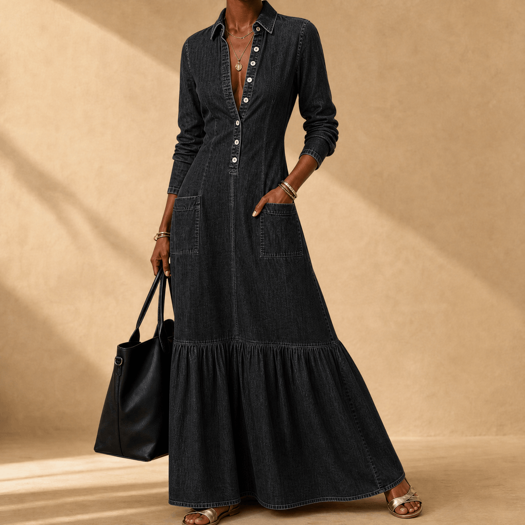 Mavira – Women's Soft-Touch Maxi Dress with Tiered Ruffle Hem Deep Black Denim