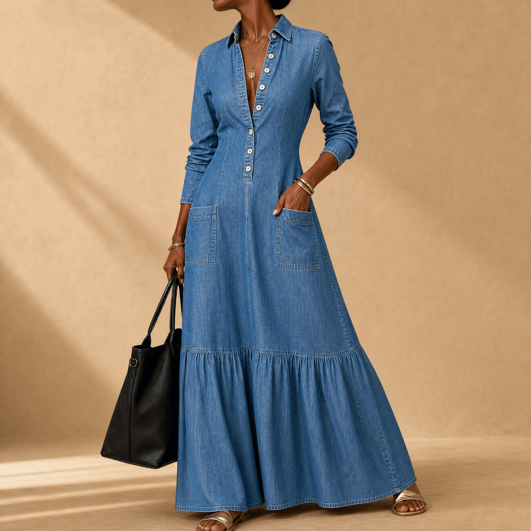 Mavira – Women's Soft-Touch Maxi Dress with Tiered Ruffle Hem Medium Wash Denim
