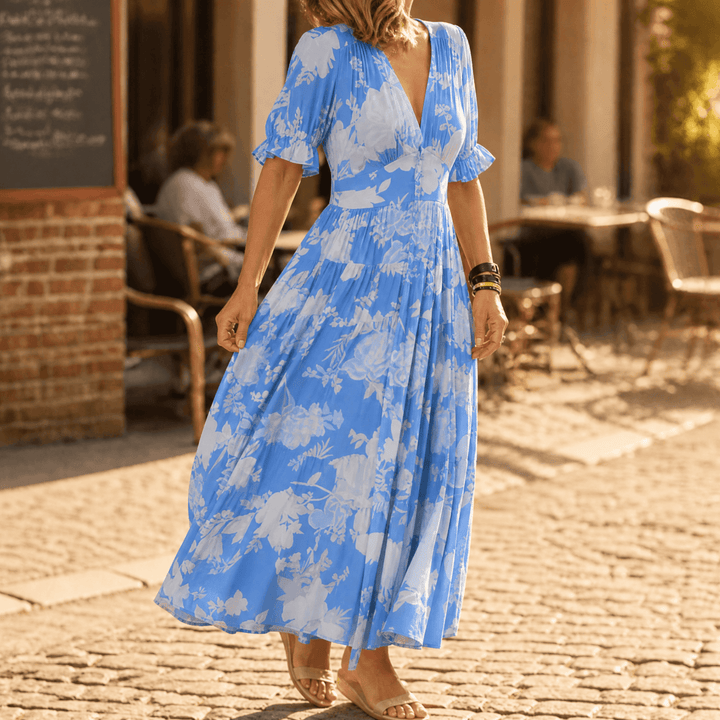 Minelda – Women's Flowing Floral Maxi Dress blue floral