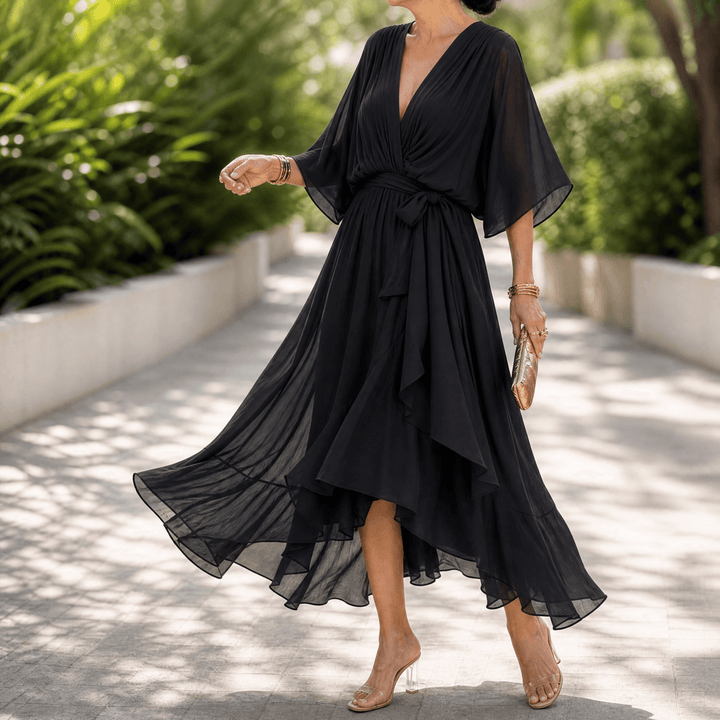Mirabelle – Women's Flowing V-Neck Midi Dress Black