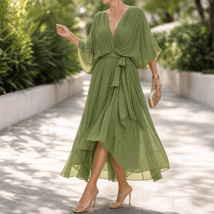 Mirabelle – Women's Flowing V-Neck Midi Dress Olive Green
