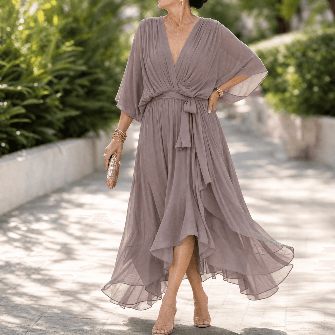 Mirabelle – Women's Flowing V-Neck Midi Dress Taupe