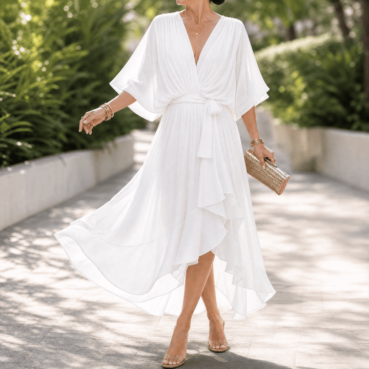 Mirabelle – Women's Flowing V-Neck Midi Dress White