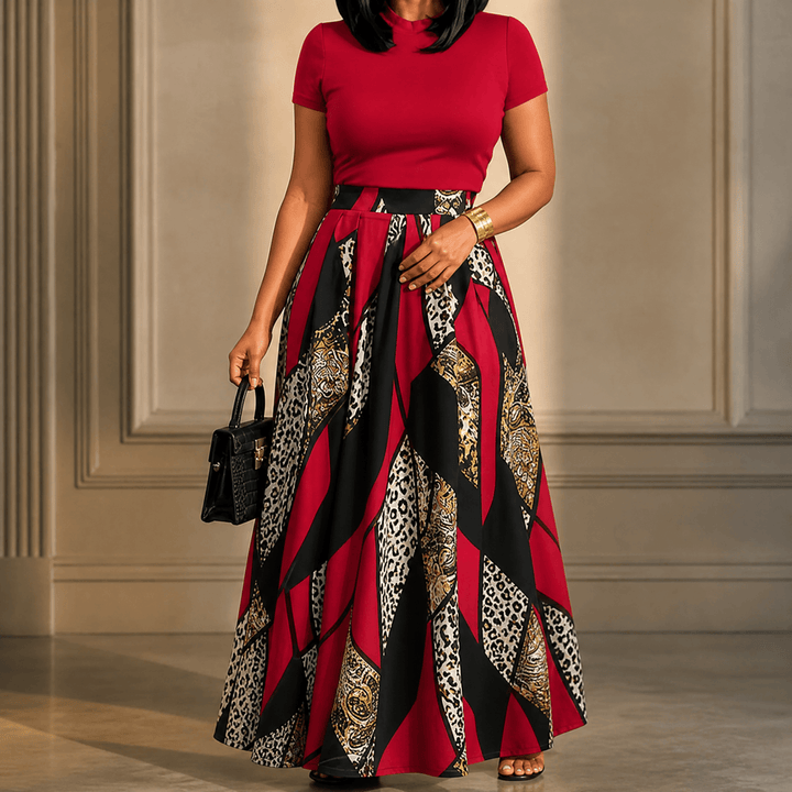 Mireya – Women's Bold Print Wide-Leg Two-Piece Set Crimson Red / S