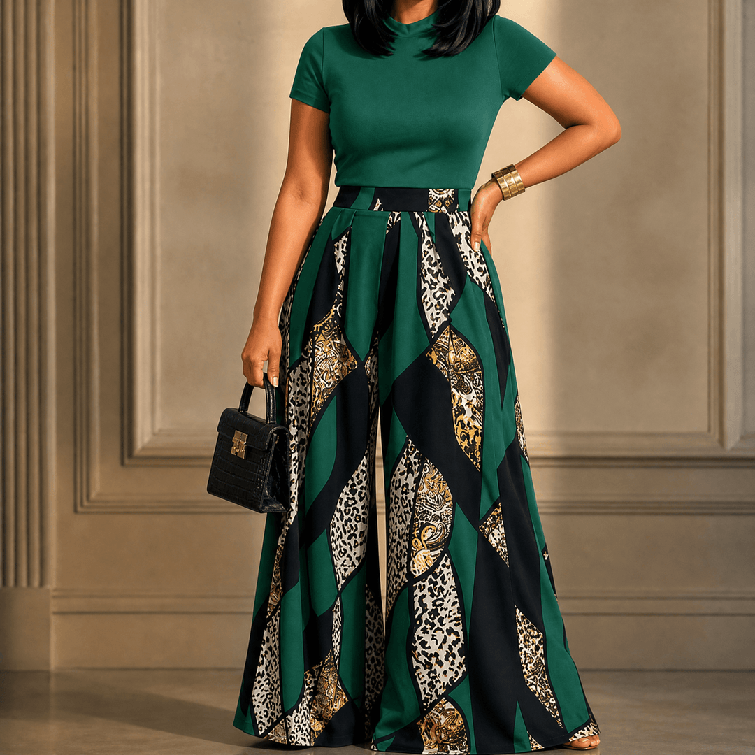 Mireya – Women's Bold Print Wide-Leg Two-Piece Set Forest Green / S