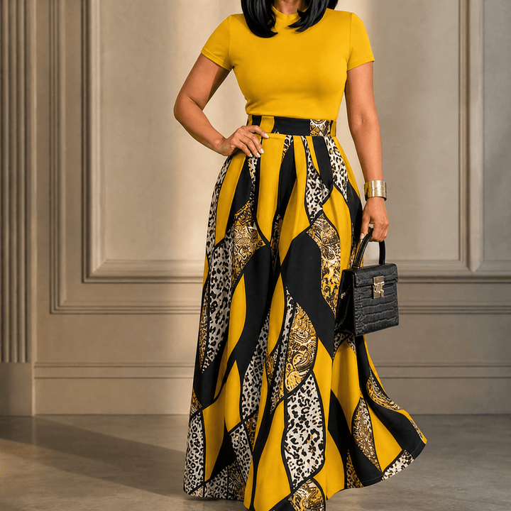 Mireya – Women's Bold Print Wide-Leg Two-Piece Set Mustard Yellow / S