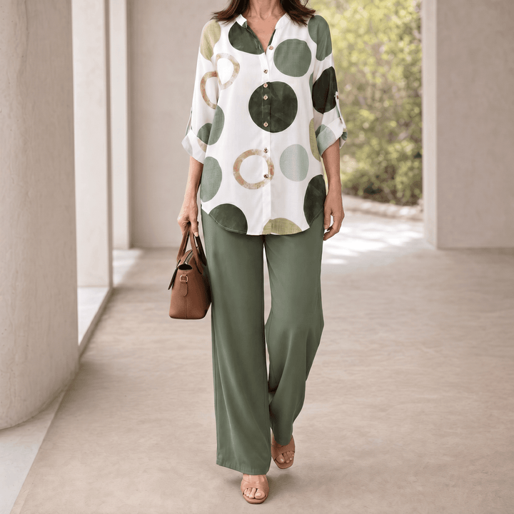 Monica – Women's Abstract Print 2-Piece Set, Blouse and Wide-Leg Trousers S /