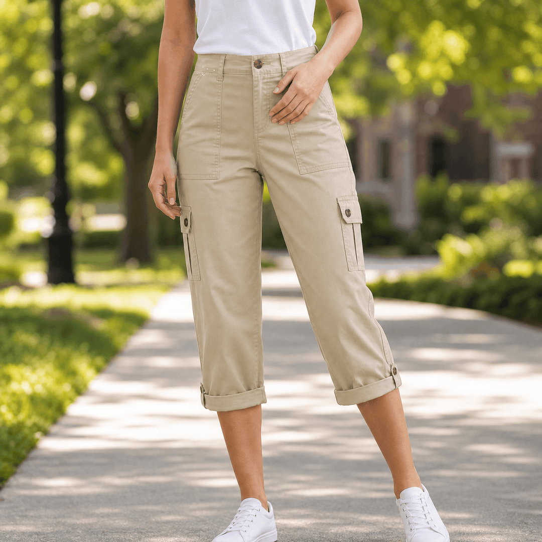 Movana – Women's Comfortable Stretch Capri with Pockets Beige