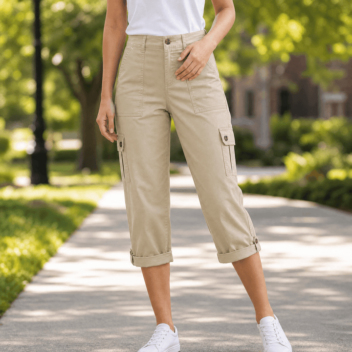 Movana – Women's Comfortable Stretch Capri with Pockets Beige